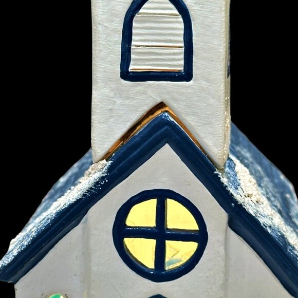 Vintage Christmas Village Snowy Church Chapel 2 Piece Lighted Blue White 11.5" - Picture 10 of 12